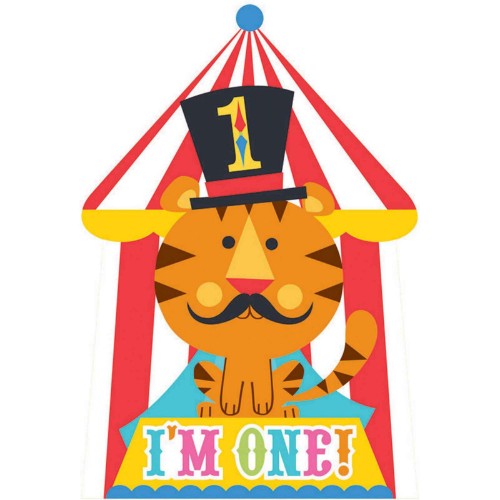 Colorful Fisher Price 1st birthday circus invitations, pack of 8, featuring festive illustrations for a child's milestone celebration.