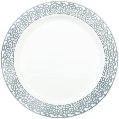 Round white plates with elegant silver lace borders, perfect for upscale dining, packed in units of 20.