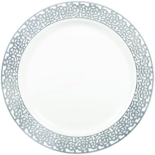 Round white plates with elegant silver lace borders, perfect for upscale dining, packed in units of 20.