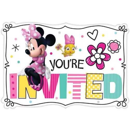 Colorful Minnie Mouse Happy Helpers postcard invitations for kids' parties, featuring 8 fun designs for easy and joyful planning.