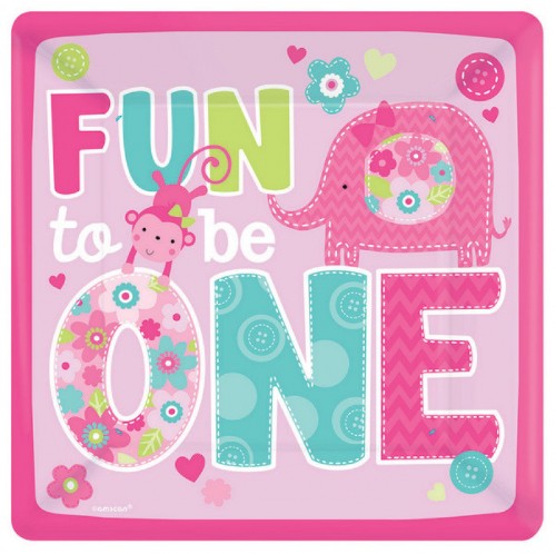 Pack of 8 square plates measuring 26CM, featuring vibrant designs perfect for girl-themed parties and celebrations.