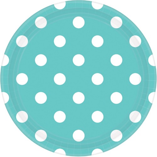 Set of 8 round plates in Robin's-Egg Blue with playful polka dots, ideal for appetizers and desserts.