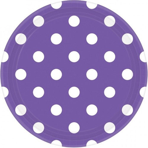 Set of 8 purple Dots Round Plates, 23CM, featuring a playful dots pattern, ideal for parties and everyday use.