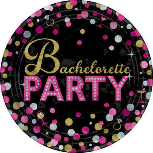 Round bachelorette party plates in 17CM, pack of 8, featuring festive designs for delicious appetizers and desserts.