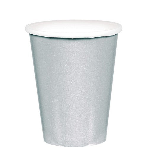 Stylish 20-pack silver paper cups, perfect for hot and cold drinks at parties and events, made from eco-friendly materials.