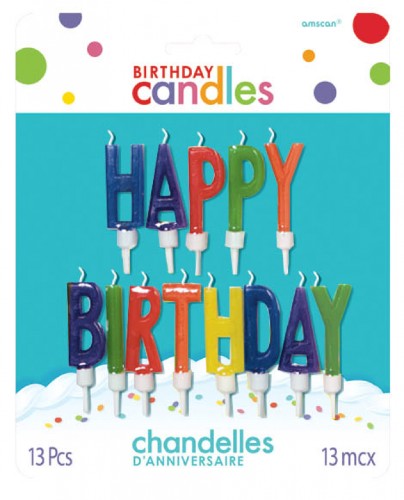 Colorful letter candles spelling 'Happy Birthday' in a pack of 13, perfect for festive cake decorations and celebrations.