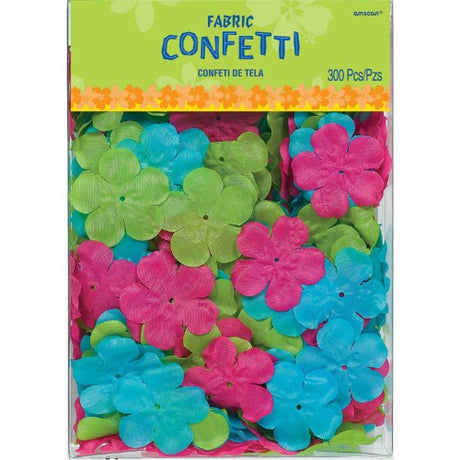 Vibrant 4.5cm hibiscus flower fabric confetti in a pack of 300, perfect for tropical-themed events and DIY decorations.