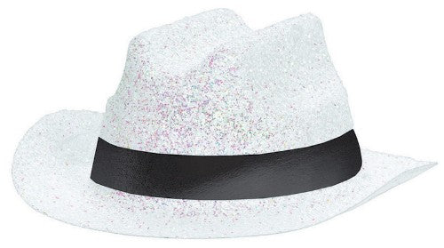 Mini white glitter cowboy hat, 2" x 4 3/4", perfect for parties and themed events, adding sparkle to any outfit.