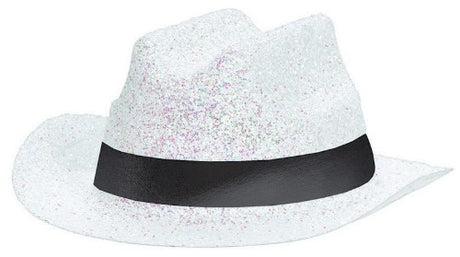 Mini white glitter cowboy hat, 2" x 4 3/4", perfect for parties and themed events, adding sparkle to any outfit.