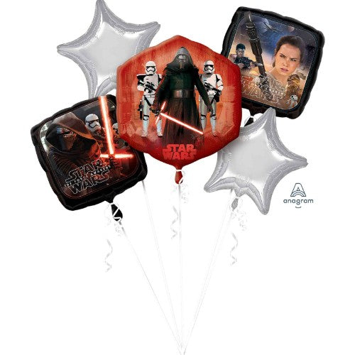 Star Wars themed foil balloon bouquet with 1 shaped and 4 standard balloons, perfect for birthday celebrations.