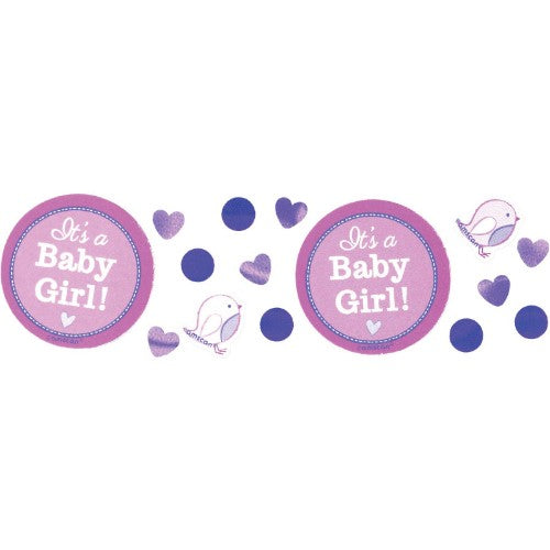 Colorful confetti pack featuring pink hearts, baby bottles, and flowers, ideal for baby showers and girl's celebrations.