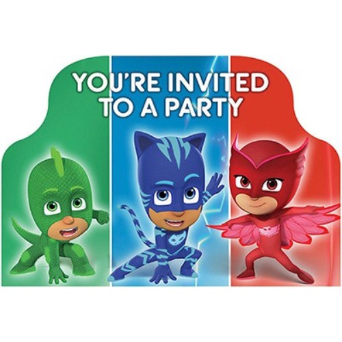 Colorful PJ Masks birthday invitations featuring Catboy, Owlette, and Gekko, perfect for a superhero-themed celebration.