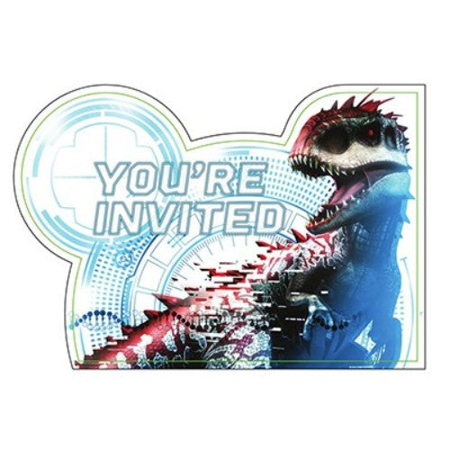 Colorful Jurassic World invitations pack of 8 featuring dinosaur imagery, complete with envelopes and 'Save the Date' stickers.