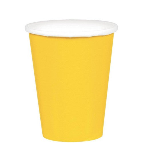 Bright yellow paper cups in a pack of 20, perfect for serving drinks at parties and picnics, made from durable, eco-friendly material.