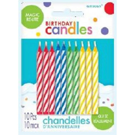 Colorful pack of 10 Assorted Magic Relight Candles that automatically relight, perfect for celebrations and home decor.