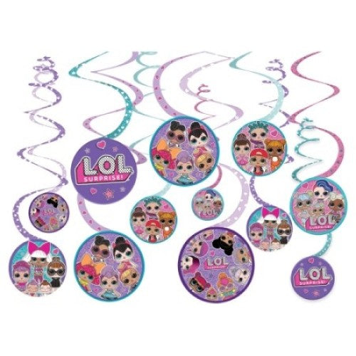 Vibrant spiral decorations featuring LOL Surprise characters, perfect for kids' parties and themed events.