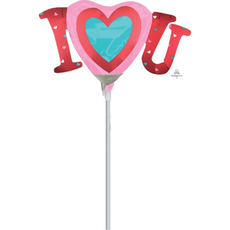 Mini 'I Heart U' foil balloon in vibrant colors, perfect for celebrations and romantic occasions, requiring air inflation.