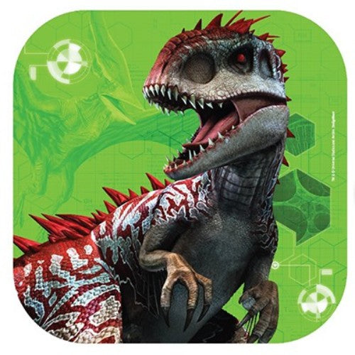 Colorful Jurassic World square luncheon plates, 17cm, pack of 8, perfect for kids' dinosaur-themed parties.