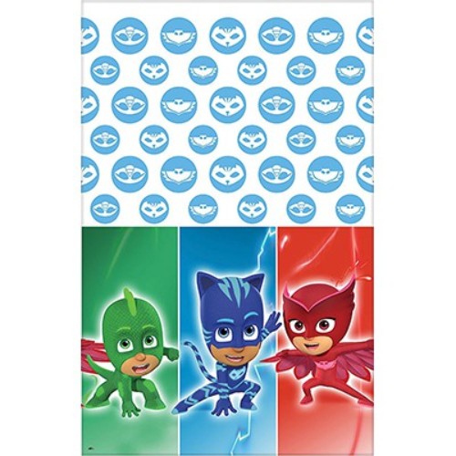 Vibrant PJ Masks plastic tablecover featuring Catboy, Owlette, and Gekko, perfect for kids' themed parties and easy cleanup.