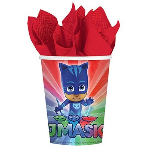 Colorful PJ Masks paper cups, pack of 8, holding 266ml for drinks, perfect for kids’ parties and superhero themes.