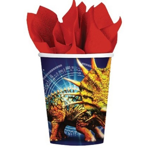 Vibrant 266ml paper cups featuring Jurassic World designs, perfect for dinosaur-themed parties and eco-friendly gatherings.