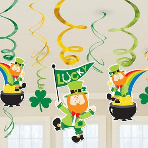 Colorful hanging swirls featuring leprechaun cutouts, perfect for festive St. Patrick's Day celebrations. Pack of 12.