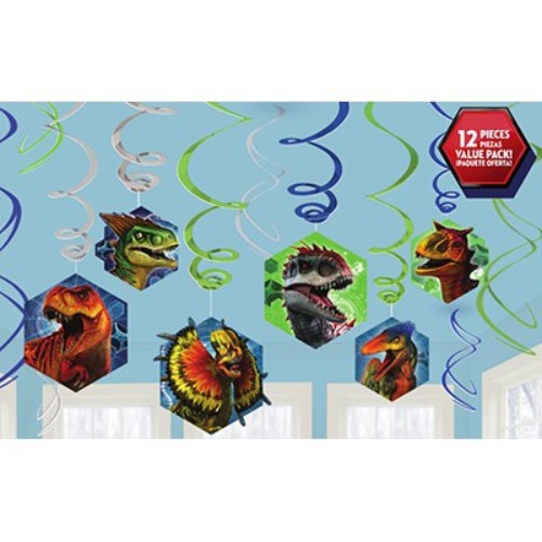 Colorful Jurassic World hanging swirls decorations, featuring foil swirls and dinosaur cutouts, ideal for themed parties.