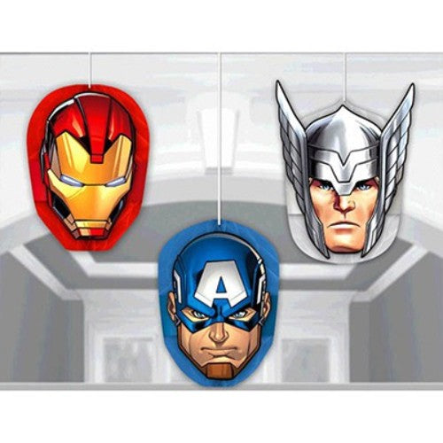 Avengers Epic Honeycomb Decorations featuring Iron Man, Captain America, and Thor for a vibrant superhero party.