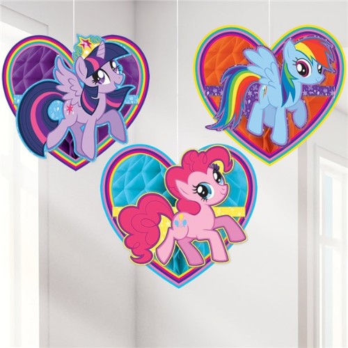 My Little Pony honeycomb decorations, pack of 3, 16cm high, featuring vibrant Pony characters for festive celebration decor.