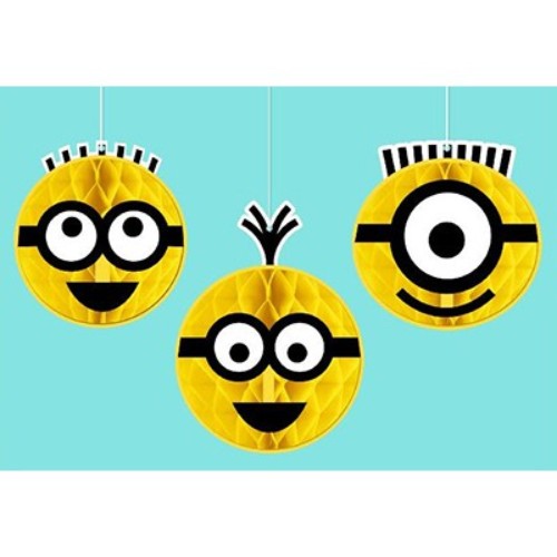 Colorful Despicable Me honeycomb decorations featuring beloved Minion characters, perfect for birthday parties and celebrations.