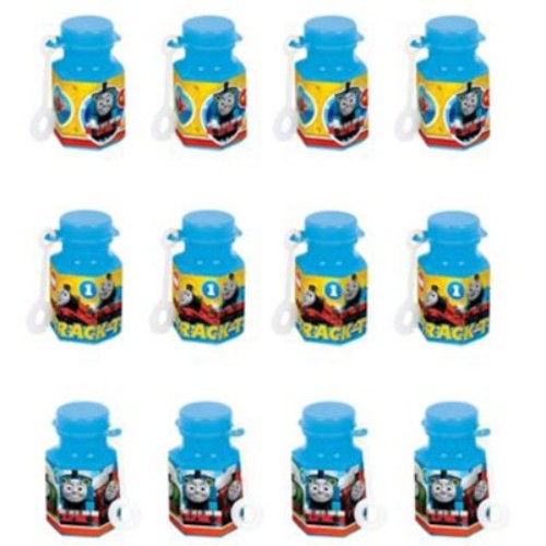 Colorful Thomas-themed mini bubble favors in assorted designs, perfect for parties; 18ml bottles, pack of 12.