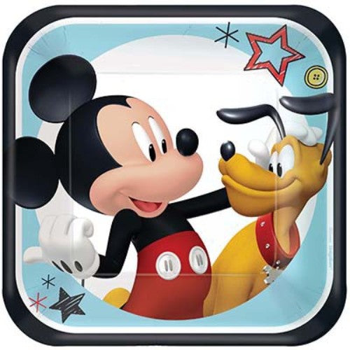 Mickey On The Go square luncheon plates, 18cm, pack of 8, perfect for fun Disney-themed parties and easy clean-up.