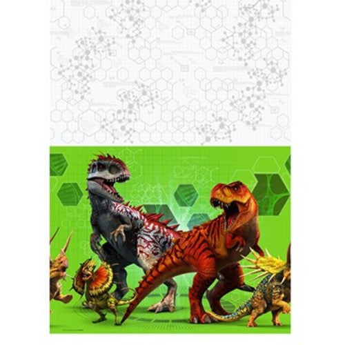 Vibrant Jurassic World plastic tablecover featuring iconic dinosaurs, perfect for theme parties and easy cleanup.