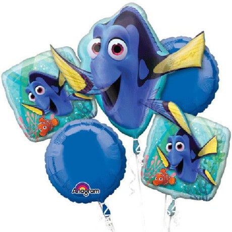 Bright Finding Dory balloon bouquet featuring one shape balloon and four 45cm foil balloons, perfect for under-the-sea parties.