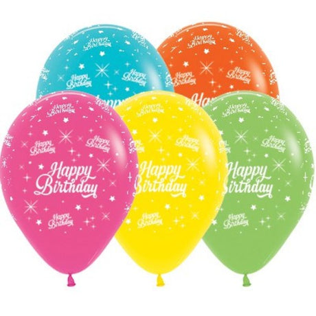 Vibrant 30cm tropical balloons in assorted colors and designs, perfect for festive birthday celebrations, pack of 25.