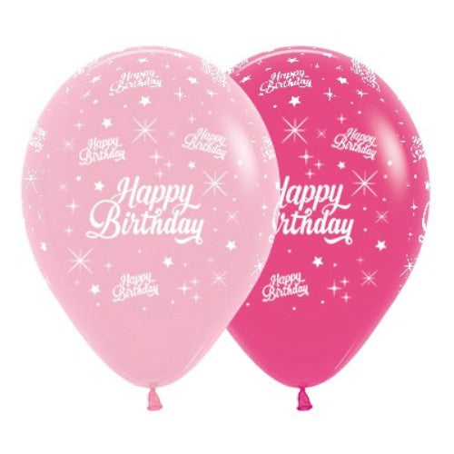 Colorful pack of 25 pink latex balloons with twinkling stars, perfect for birthdays and festive celebrations.