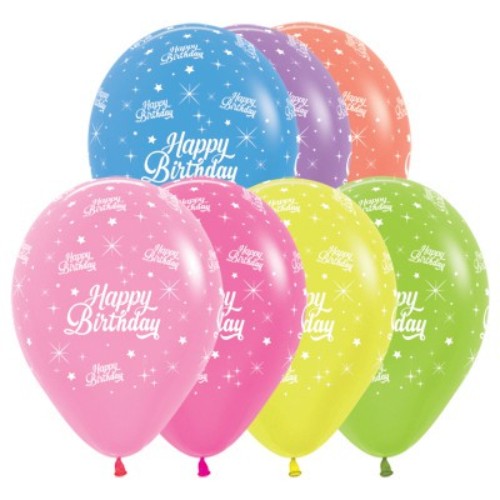 30cm Happy Birthday Neon Assortment Latex Balloons - Pack of 25