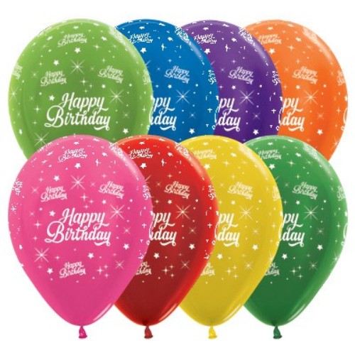 Colorful 30cm metallic birthday balloons with stars in a pack of 25, perfect for festive celebrations and decorations.