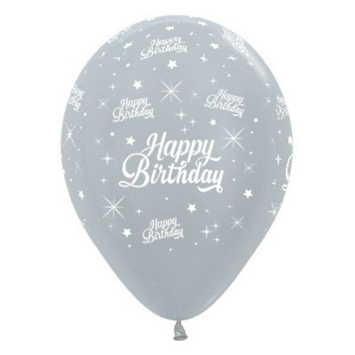 30cm Happy Birthday Silver Metallic Pearl Latex Balloons - Pack of 25