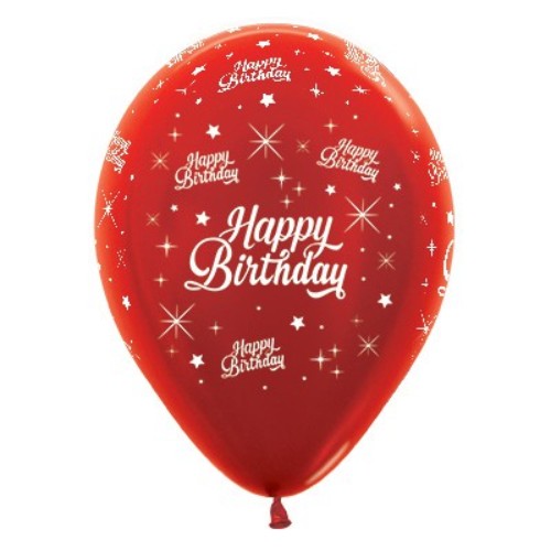 30cm pack of 25 red metallic birthday balloons with twinkling stars, perfect for festive party decor and celebrations.