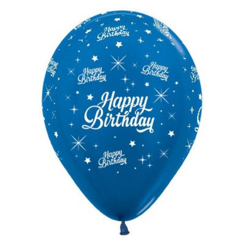 30cm Happy Birthday Blue Metallic Latex Balloons - Pack of 25
