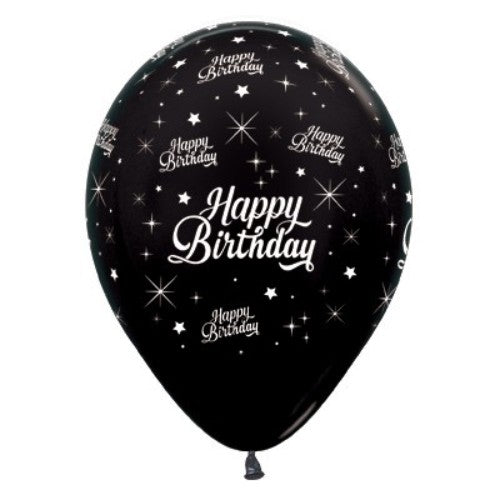 30cm Happy Birthday Black Metallic Latex Balloons - Pack of 25