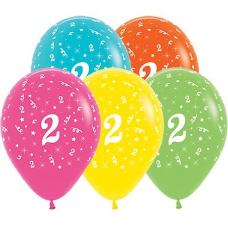 Colorful latex balloons featuring "Age 2" for vibrant tropical birthday celebrations, pack of 25, ideal for decorations.