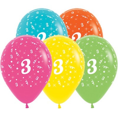 Vibrant pack of 25 tropical balloons celebrating age 3, featuring playful designs for festive birthday parties.