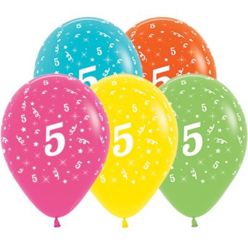 Colorful pack of 25 latex balloons for age 5 with tropical designs, perfect for vibrant birthday celebrations.