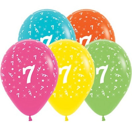 Vibrant tropical latex balloons featuring '7', perfect for age 7 birthday celebrations, pack of 25, 30cm size.