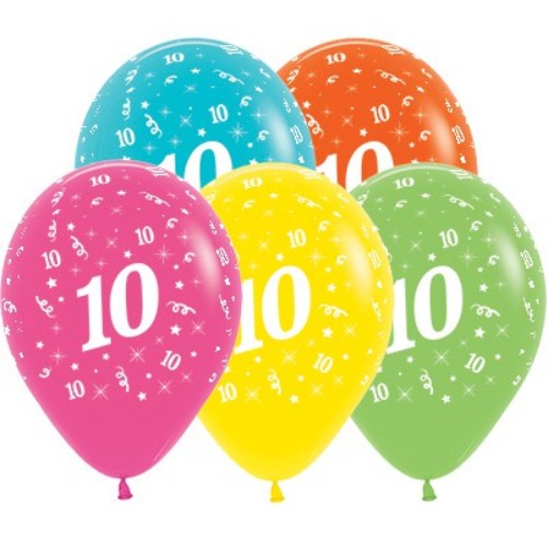 Bright tropical latex balloons in assorted colors, celebrating a child's age 10 milestone birthday, pack of 25.