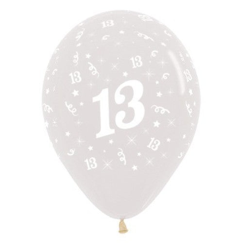 Pack of 25 Age 13 crystal clear balloons, vibrant and elegant, perfect for milestone birthday celebrations.