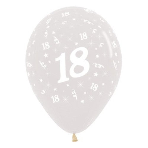 Pack of 25 crystal clear latex balloons with elegant Age 18 design, perfect for birthday parties and celebrations.