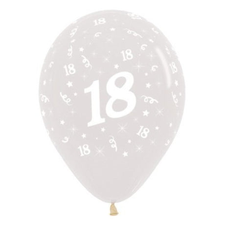 Pack of 25 crystal clear latex balloons with elegant Age 18 design, perfect for birthday parties and celebrations.